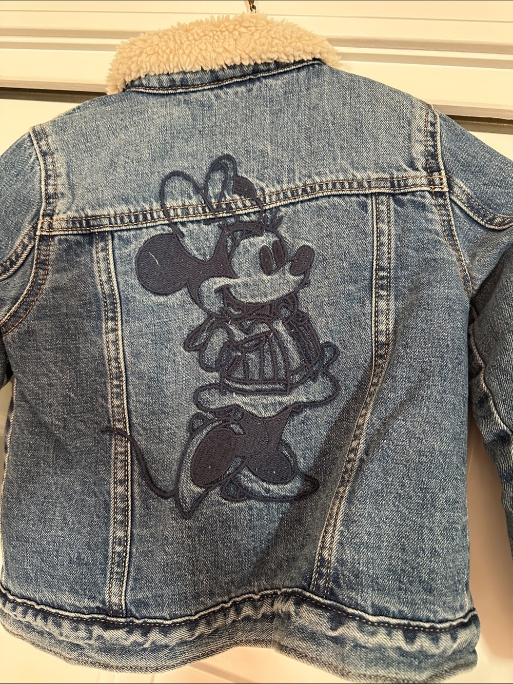 GAP Kids Light Blue Denim Jacket with Cream Sherpa Collar and Minnie Patch